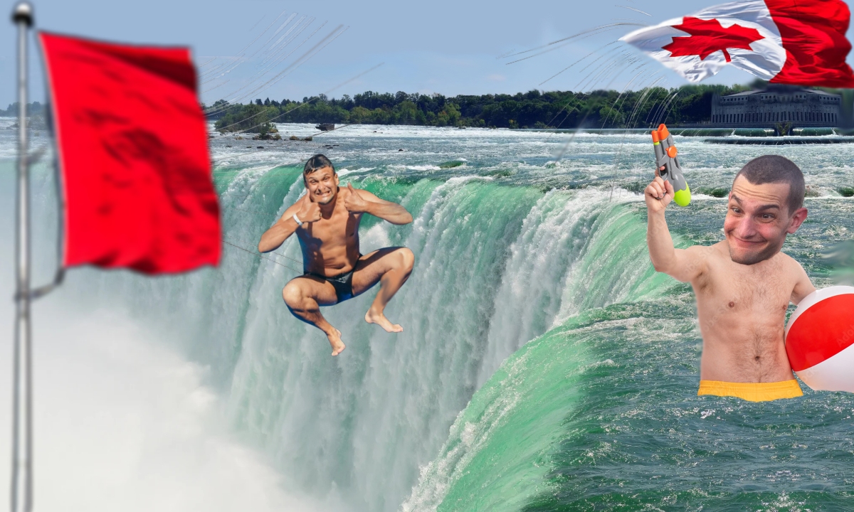Opt turişti români au sărit să înoate-n Niagara după ce vântul a smuls o bucată din drapel.